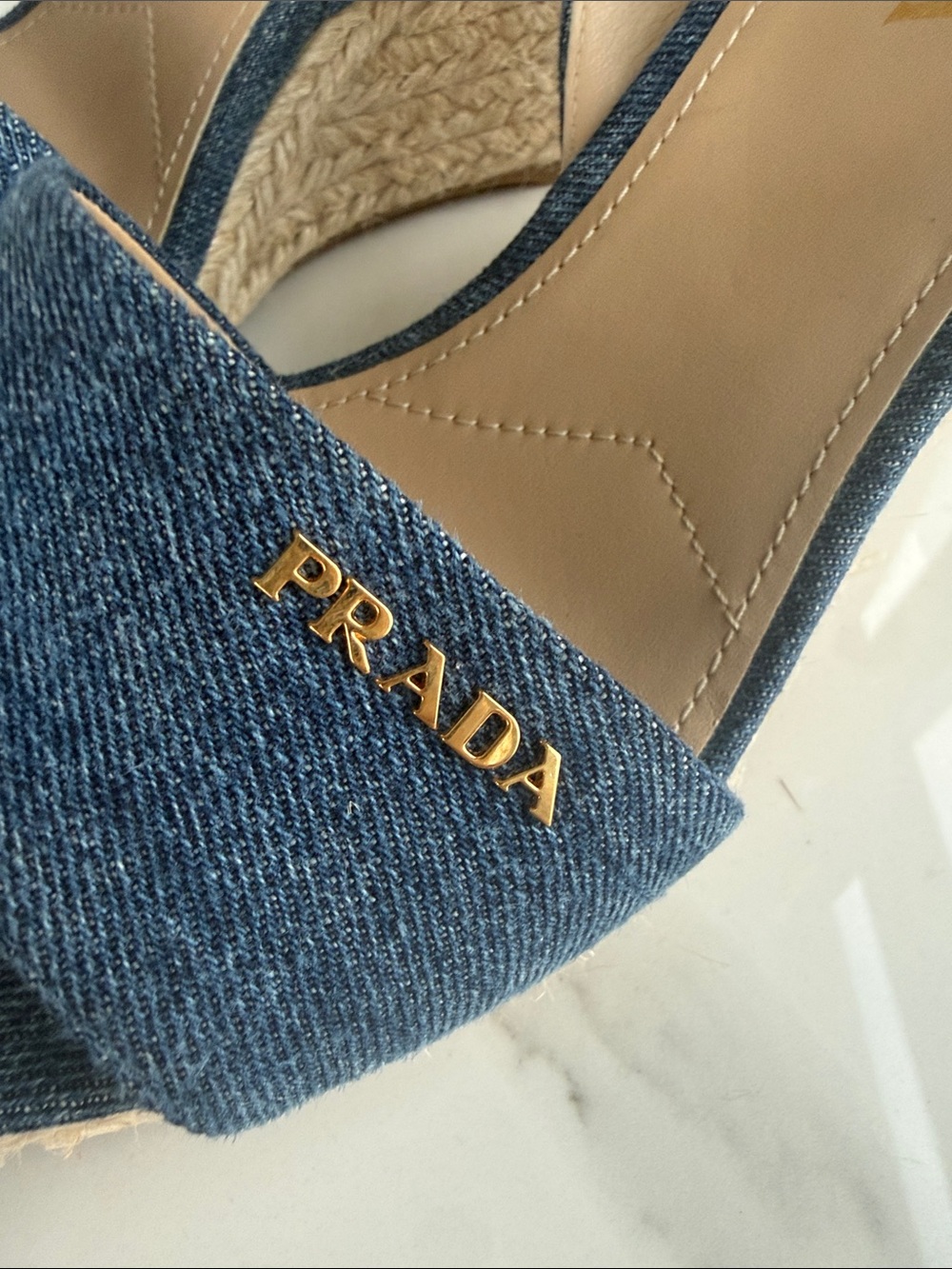 Prada Denim Wedge Sandal - with Gold Logo - Picture 2 of 6